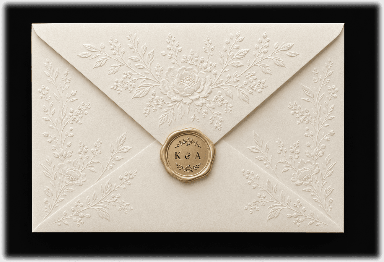 The wedding envelope, sealed with a gold K & A wax seal